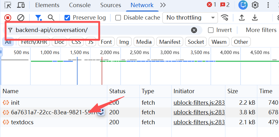 在 Network 面板筛选 backend-api conversation 请求